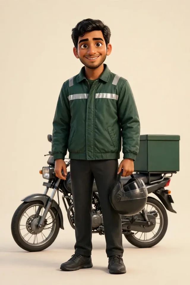 Ali on his bike with a parcel box, ready for the shift